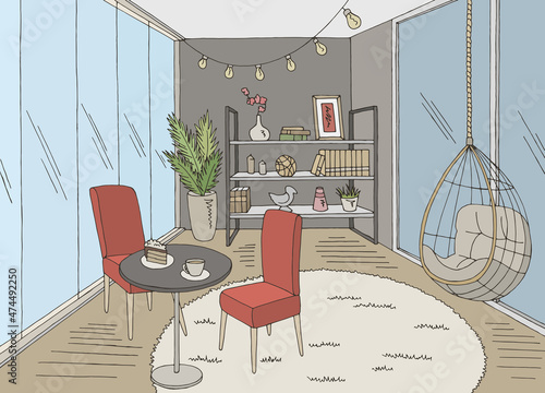 Terrace balcony graphic color interior sketch illustration vector