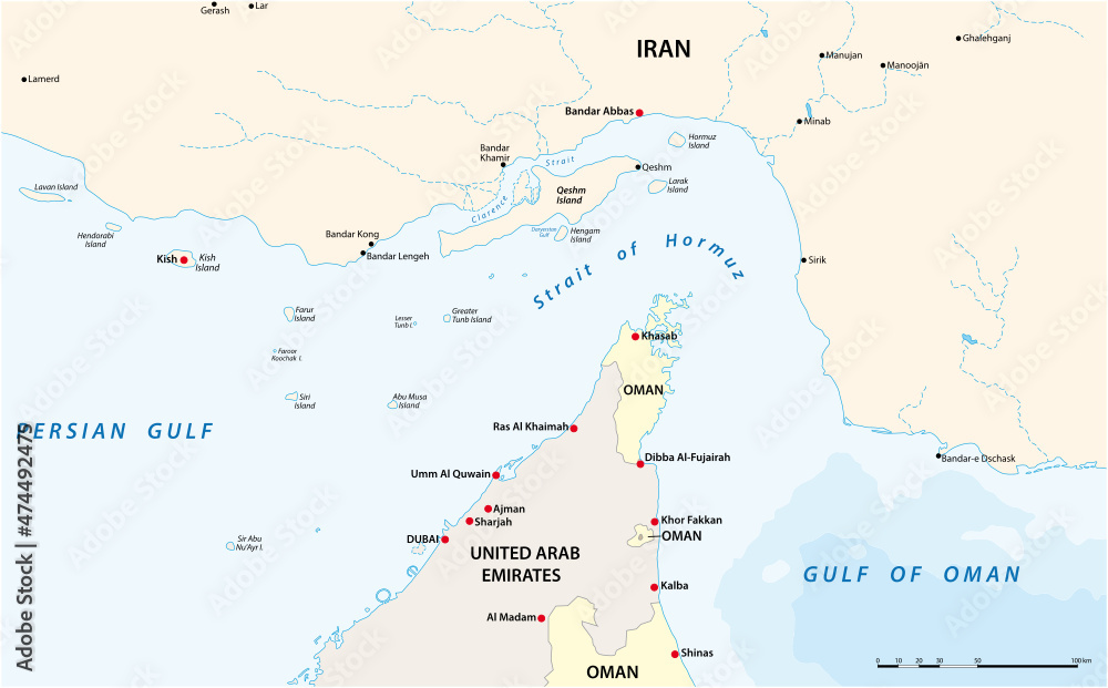 graphic vector map of Strait of Hormuz, Iran, Oman