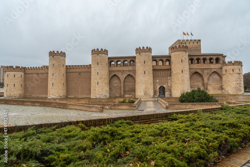 Palace of the Aljaferia of the Hudie kings of Saraqusta in the city of Zaragoza, next to the Ebro river in Aragon. Spain