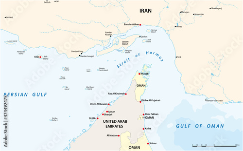 graphic vector map of Strait of Hormuz, Iran, Oman
