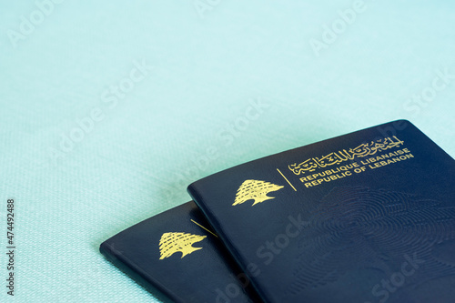 Selective focus on two Lebanese passports 