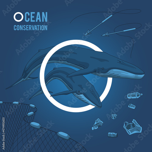 Ocean Conservation Illustration with editable strokes, colors and shadows: Blue Whale, Fishnet, Harpoons and Trash