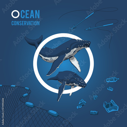 Ocean Conservation Illustration with editable strokes, colors and shadows: Humpback Whale, Fishnet, Harpoons and Trash