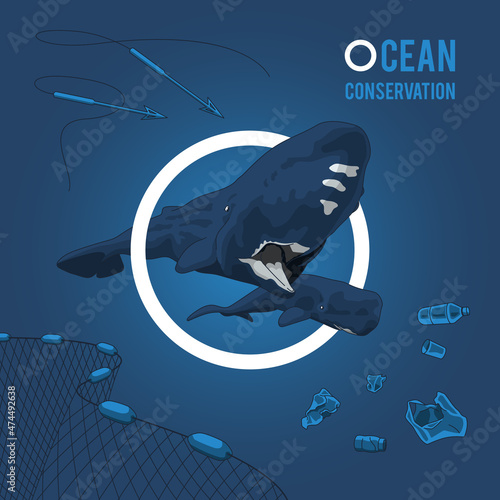 Ocean Conservation Illustration with editable strokes, colors and shadows: Sperm Whale, Fishnet, Harpoons and Trash