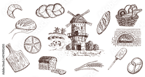 Landscape with a mill. Oven for baking bread. Challah, baguette, pretzel, bagel, pita, ciabatta, loaf. Vector illustration of bread products. Sketch.