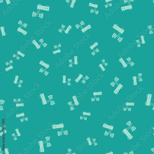 Green Router and wi-fi signal icon isolated seamless pattern on green background. Wireless ethernet modem router. Computer technology internet. Vector
