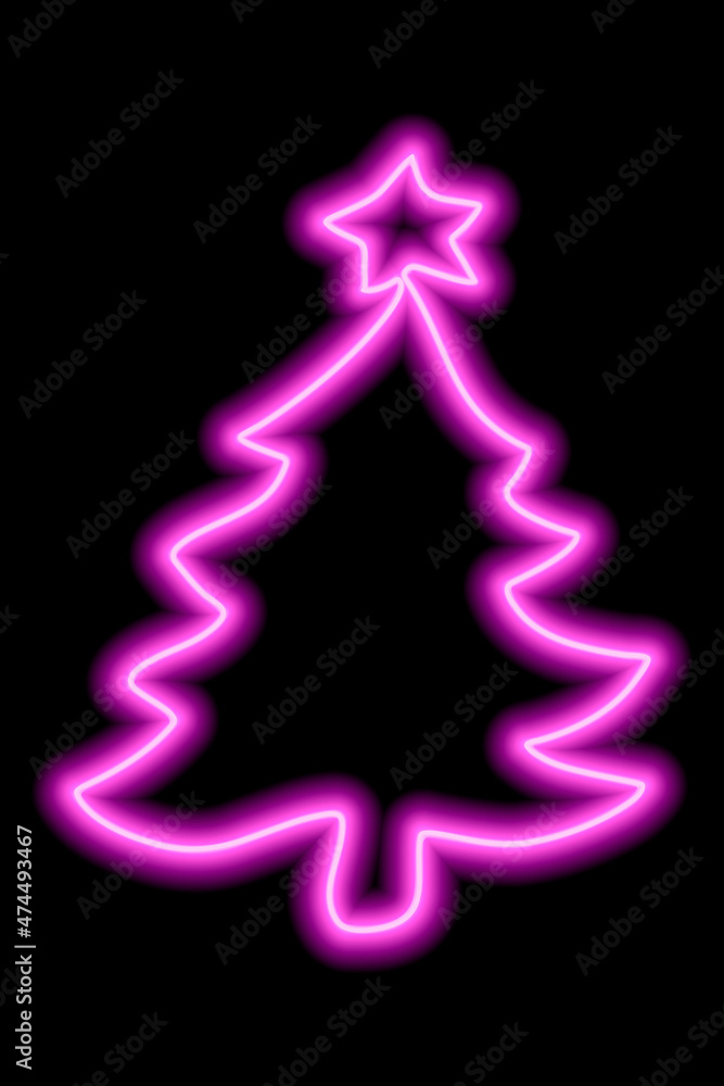 Pink neon outline of a Christmas tree with a star on a black background Pink neon outline of a Christmas tree with a star on a black background