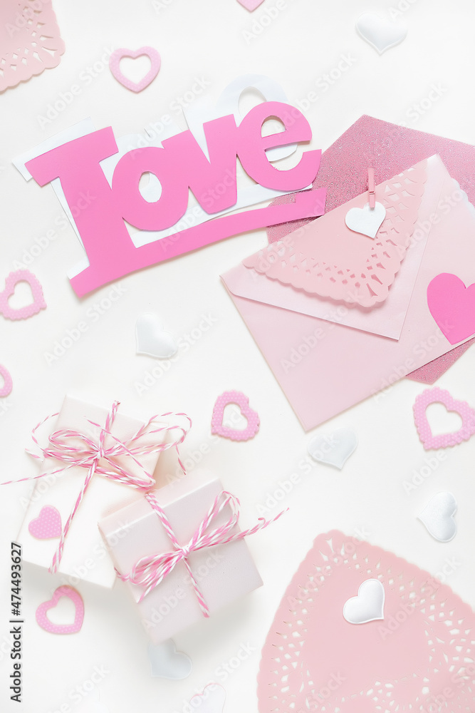 Valentine's day.Gift boxes set in pink on a monochrome background, holiday concept, wedding invitation, birthday cards and mothers day Long banner,valentines day postcard.