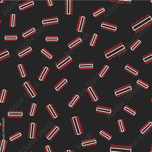 Line Hunting cartridge belt with cartridges icon isolated seamless pattern on black background. Bandolier sign. Hunter equipment, armament. Vector