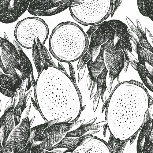 Hand drawn dragon fruit seamless pattern. Organic fresh food vector illustration. Retro pitaya fruit background.