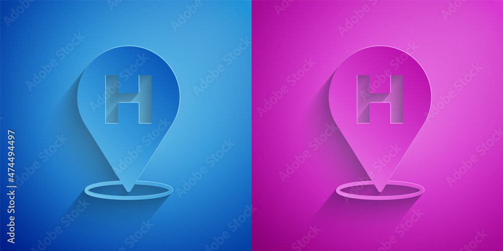 Paper cut Medical map pointer with cross hospital icon isolated on blue and purple background. Paper art style. Vector Paper cut Medical map pointer with cross hospital icon isolated on blue and purple background. Paper art style. Vector