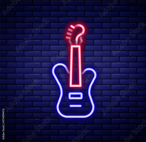 Glowing neon line Electric bass guitar icon isolated on brick wall background. Colorful outline concept. Vector