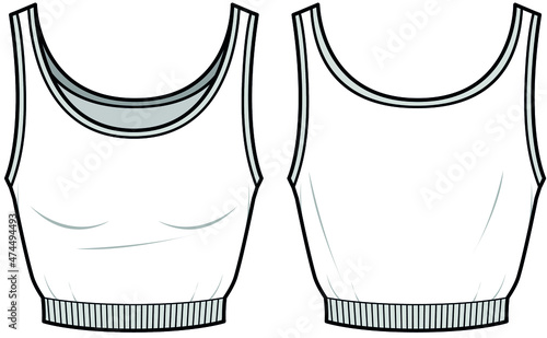 Gathered Hem Crop Tank Top, Pyjama Tank Top, Active Wear Front and Back View. Fashion Illustration, Vector, CAD, Technical Drawing, Flat Sketch.