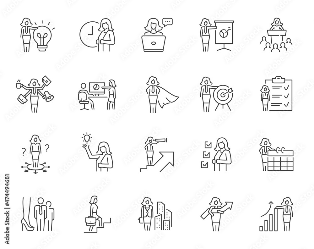 Business woman line icon set. Included icons as multitasking, communication, boss, mentor, presentation, female leader and more. Business woman line icon set. Included icons as multitasking, communication, boss, mentor, presentation, female leader and more.