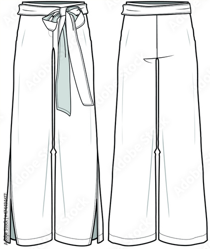 Waist Knot Side Slit Pant Front and Back View. Fashion Illustration, Vector, CAD, Technical Drawing, Flat Sketch.