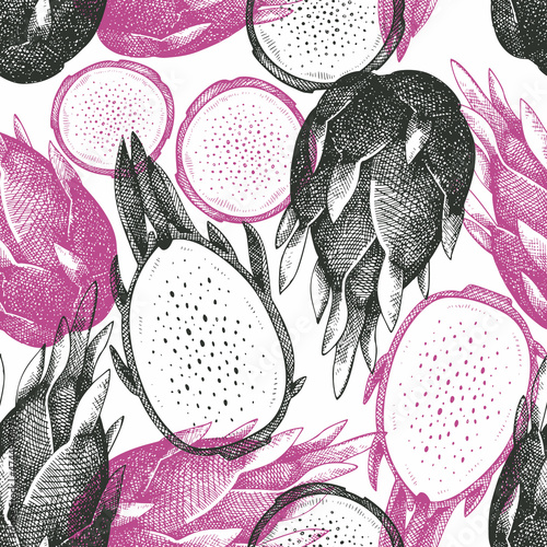 Hand drawn dragon fruit seamless pattern. Organic fresh food vector illustration. Retro pitaya fruit background.