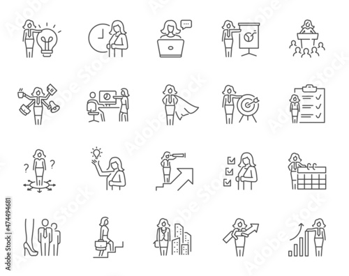 Business woman line icon set. Included icons as multitasking, communication, boss, mentor, presentation, female leader and more.
