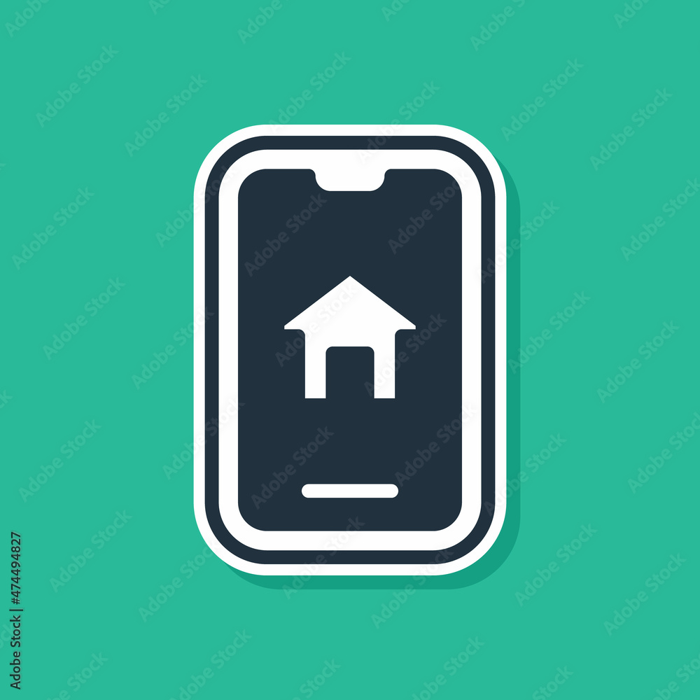 Blue Online real estate house on smartphone icon isolated on green background. Home loan concept, rent, buy, buying a property. Vector Blue Online real estate house on smartphone icon isolated on green background. Home loan concept, rent, buy, buying a property. Vector