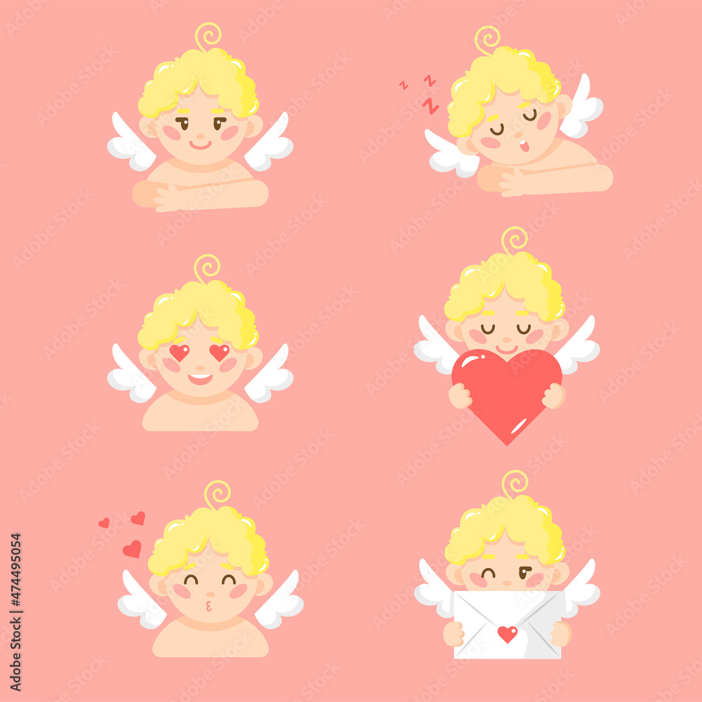 A set of cute cupid angels characters. Cupid is a symbol of love on Valentine's Day A set of cute cupid angels characters. Cupid is a symbol of love on Valentine's Day