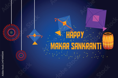 Happy makar sankranti festival, the maghi hindu festival with oriental elements color background 