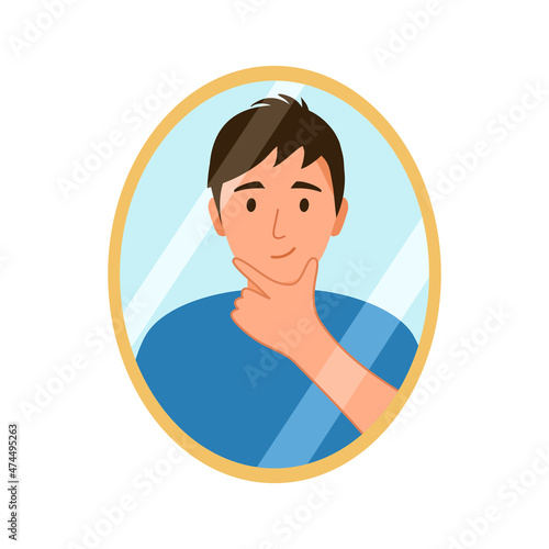 Handsome man looking at mirror in flat design on white background. Self care. Self esteem.