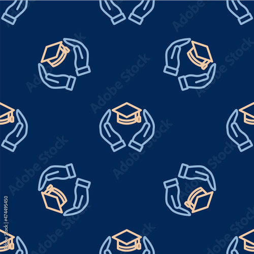 Line Education grant icon isolated seamless pattern on blue background. Tuition fee, financial education, budget fund, scholarship program, graduation hat. Vector