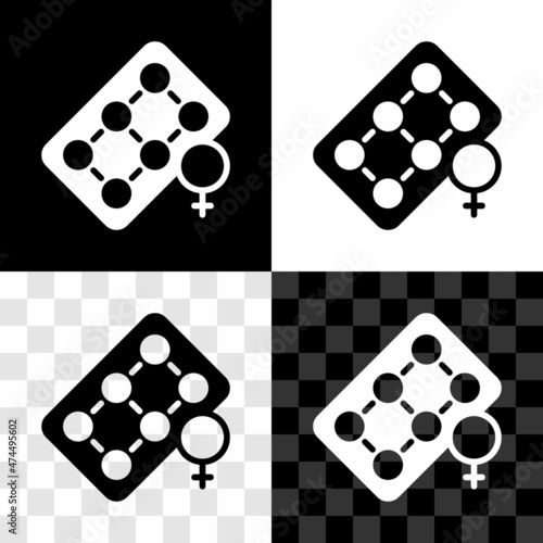 Set Packaging of birth control pills icon isolated on black and white, transparent background. Contraceptive pill. Vector