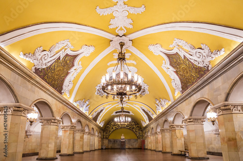 Moscow metro station Komsomolskaya with columns, arches, ornate ceiling