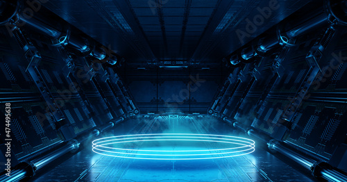 Blue spaceship interior with glowing neon lights podium on the floor. Futuristic corridor in space station with circles background. 3d rendering