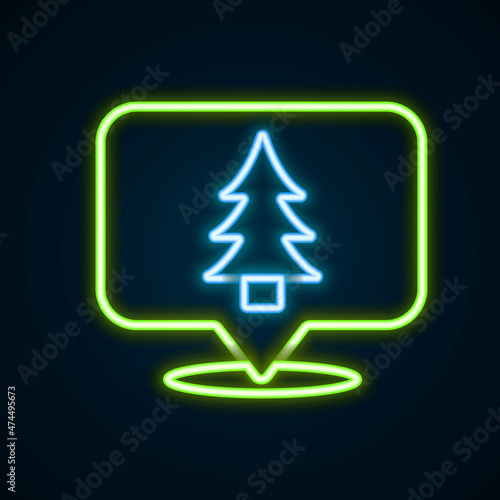 Glowing neon line Location of the forest on a map icon isolated on black background. Colorful outline concept. Vector