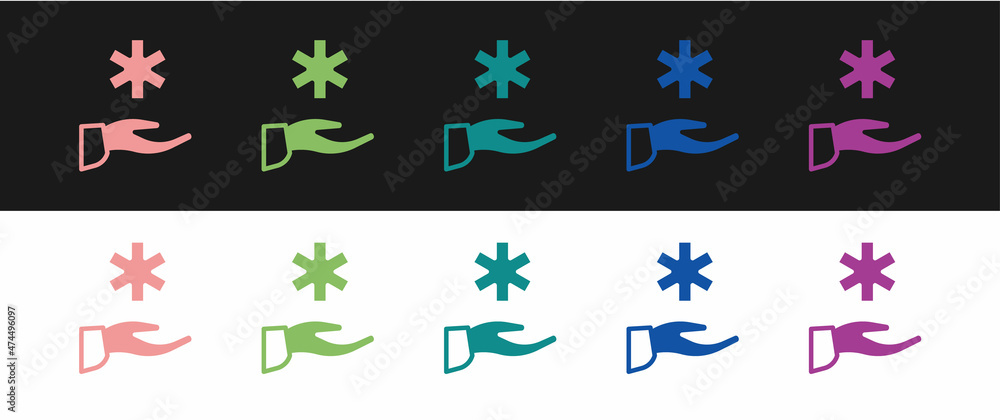 Set Cross hospital medical icon isolated on black and white background. First aid. Diagnostics symbol. Medicine and pharmacy sign. Vector