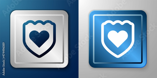 White Immune system icon isolated on blue and grey background. Medical shield. Silver and blue square button. Vector