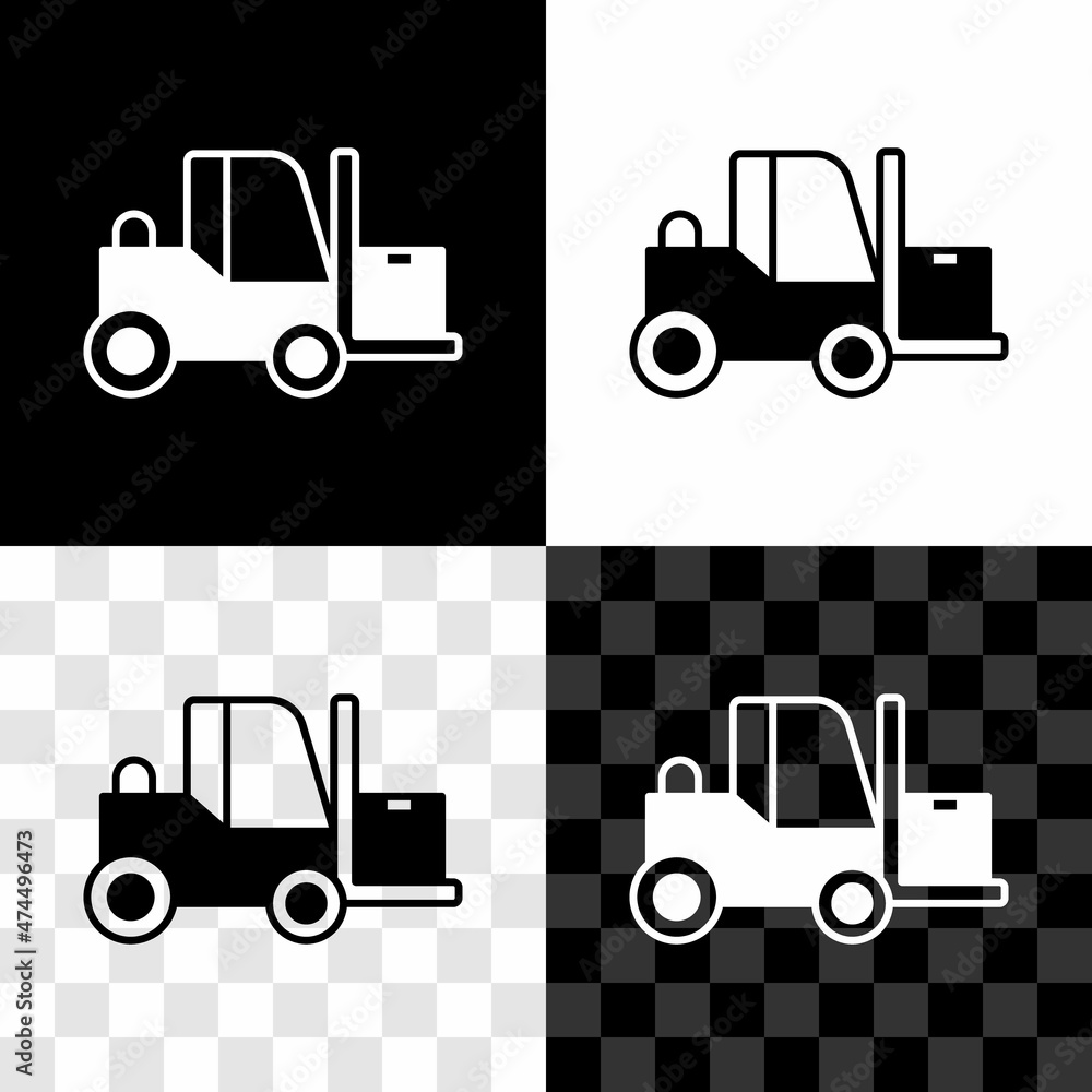 Set Forklift truck icon isolated on black and white, transparent background. Fork loader and cardboard box. Cargo delivery, shipping, transportation. Vector Set Forklift truck icon isolated on black and white, transparent background. Fork loader and cardboard box. Cargo delivery, shipping, transportation. Vector
