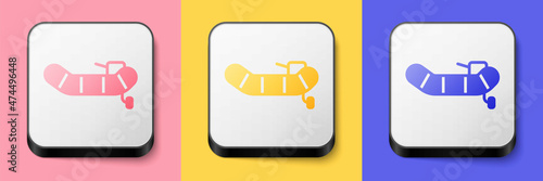 Isometric Inflatable boat with outboard motor icon isolated on pink, yellow and blue background. Square button. Vector