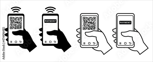 QR code mobile phone scan illustration. Mobile phone account payment. Hand holding phone scanning QR code. Quick response codes vector flat line graphic design.
