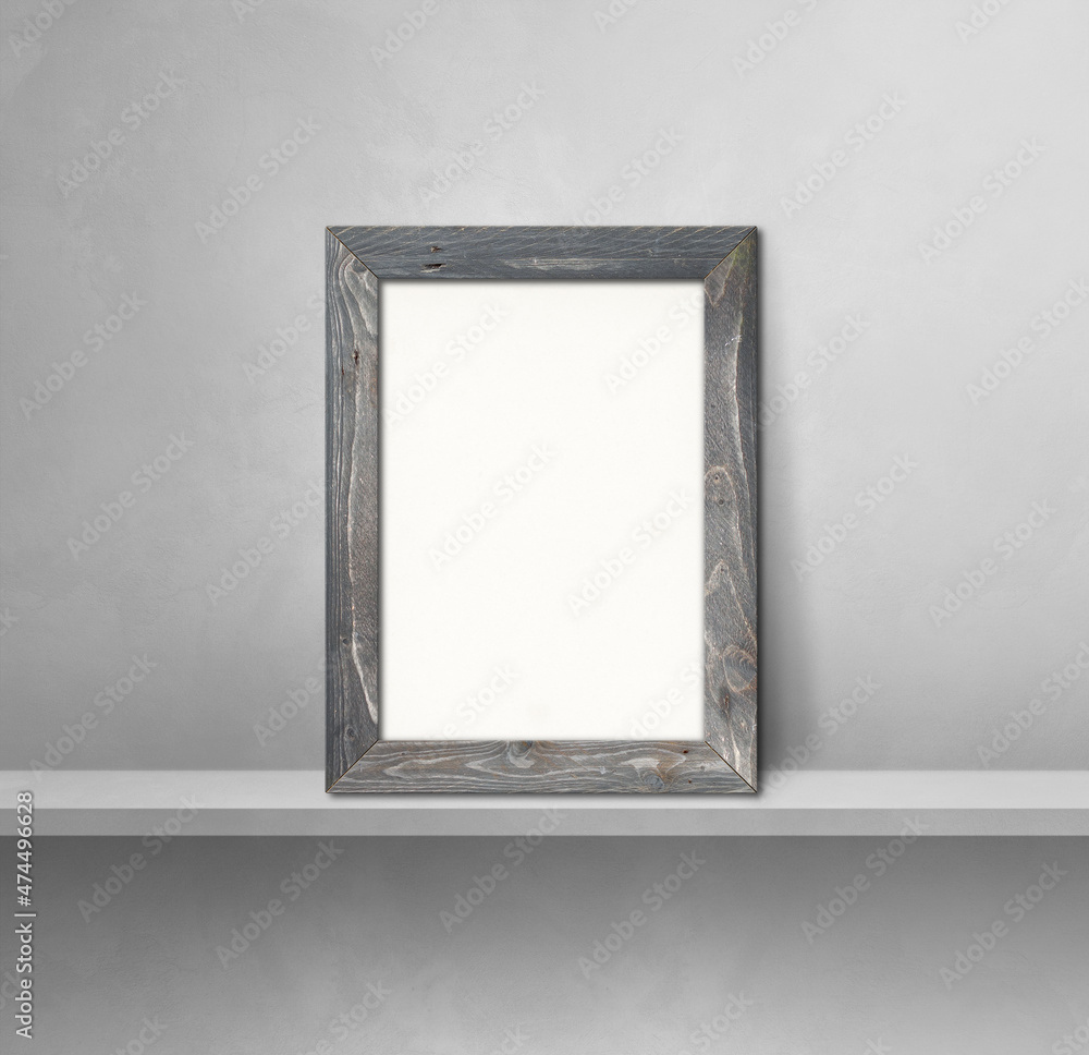 Wooden picture frame leaning on a grey shelf. 3d illustration. Square background Wooden picture frame leaning on a grey shelf. 3d illustration. Square background