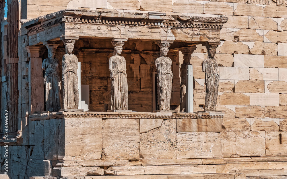 famous Caryatids women statues on Erechtheum ancient temple, Athens, Greece