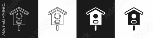 Set Bird house icon isolated on black and white background. Nesting box birdhouse, homemade building for birds. Vector