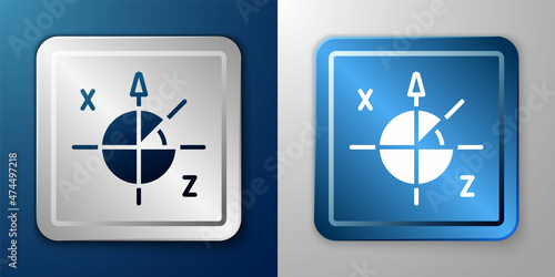 White Trigonometric circle icon isolated on blue and grey background. Silver and blue square button. Vector