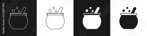 Set Halloween witch cauldron icon isolated on black and white background. Happy Halloween party. Vector