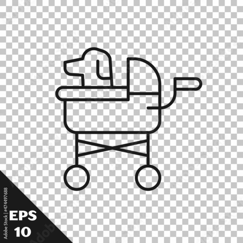 Black line Pet stroller icon isolated on transparent background. Vector