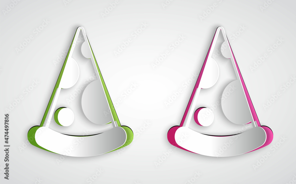 Fototapeta premium Paper cut Slice of pizza icon isolated on grey background. Fast food menu. Paper art style. Vector