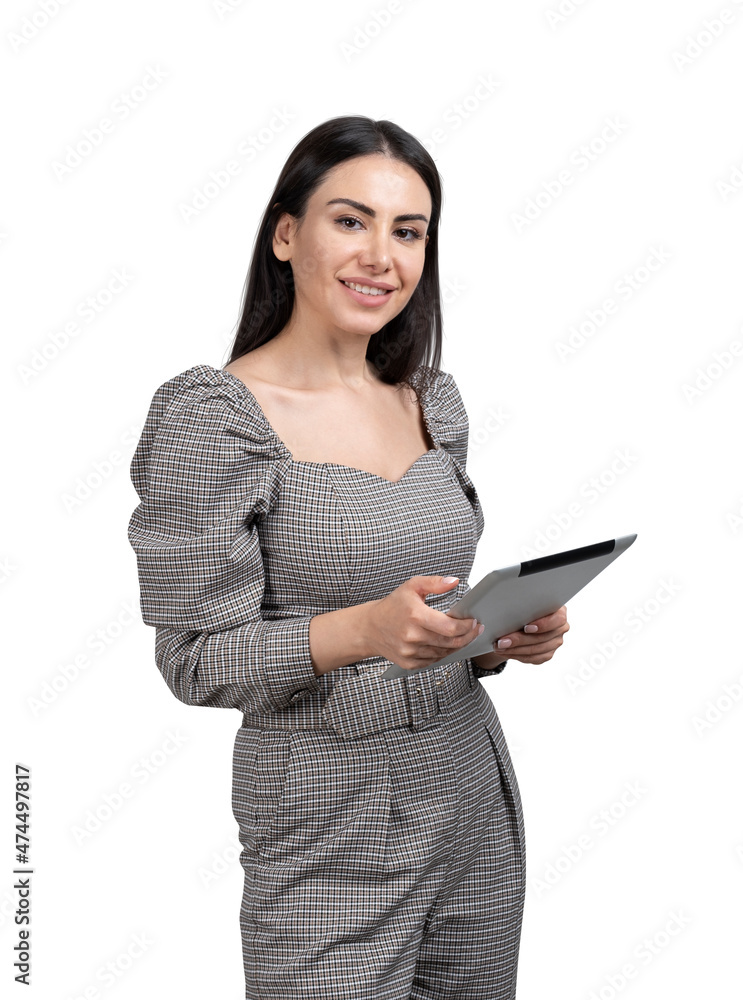 Businesswoman with tablet in hands, smiling isolated over white Businesswoman with tablet in hands, smiling isolated over white