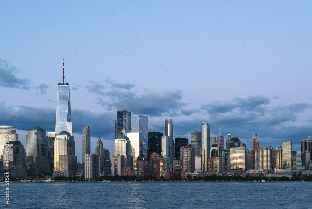 Panoramic view of New York downtown centre and skyscrapers in evening Panoramic view of New York downtown centre and skyscrapers in evening