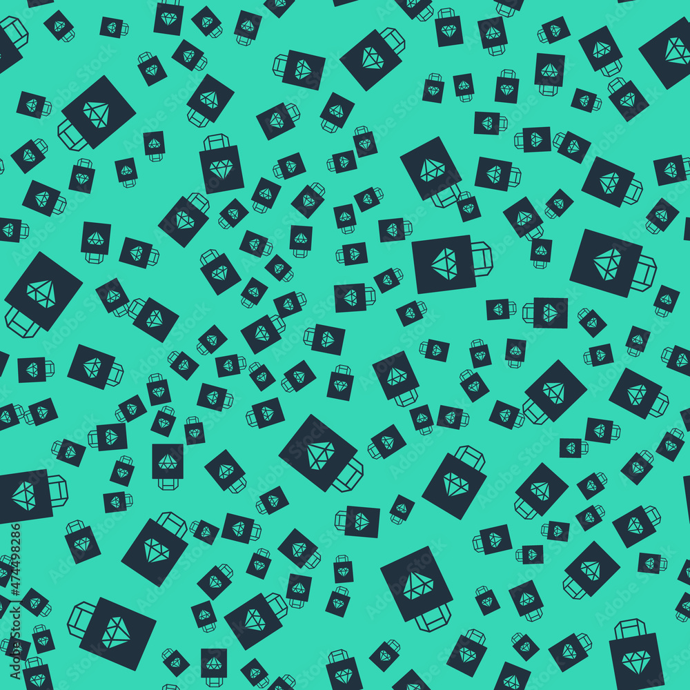 Black Shopping bag jewelry icon isolated seamless pattern on green background. Vector
