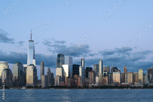 Panoramic view of New York downtown centre and skyscrapers in evening