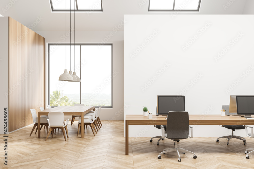 Fototapeta premium Bright office room interior with empty white wall, panoramic window