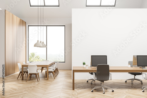 Bright office room interior with empty white wall, panoramic window