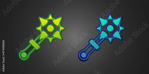 Green and blue Medieval chained mace ball icon isolated on black background. Morgenstern medieval weapon or mace with spikes. Vector