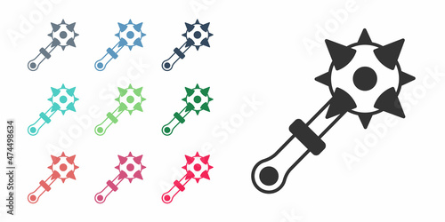 Black Medieval chained mace ball icon isolated on white background. Morgenstern medieval weapon or mace with spikes. Set icons colorful. Vector